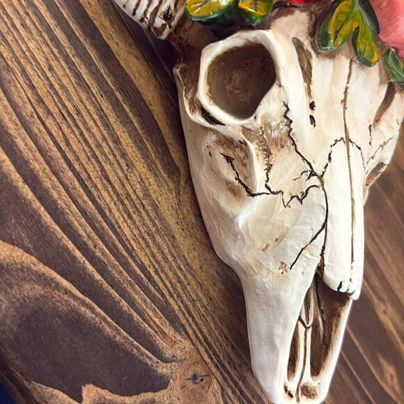 LIKE NEW Boho Steer Head w Flowers Wall Art - Picture 10 of 11